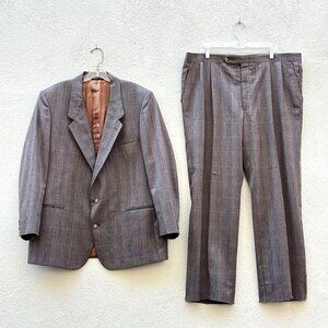 Vintage 80s 90s Adolfo Taupe Brown Plaid Tailored 2 Piece Suit 48R/42W